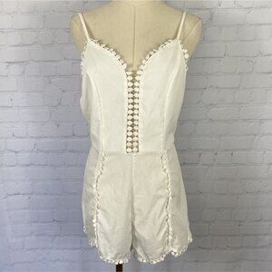 CLEARANCE White Backless Lace Trim Romper With Adjustable Straps Pom Pom L